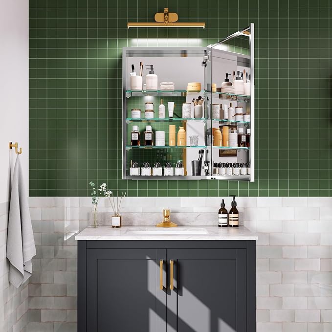 20''×30'' Mirrored Medicine Cabinet,Vanity Mirror with Door, Storage Cabinet for Bathroom, Adjustable Shelves, Blum Hinge Soft Close Door, Right Swing