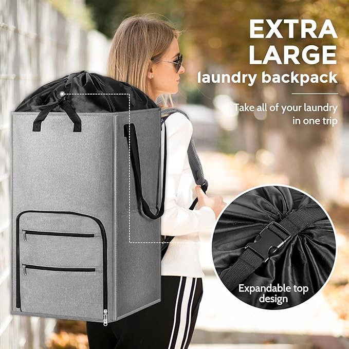 Extra Large Laundry Backpack College Men, Camp Travel, Heavy Duty Laundry Bag Hamper with Structure - Stand Itself and Easy Storage (Gray)
