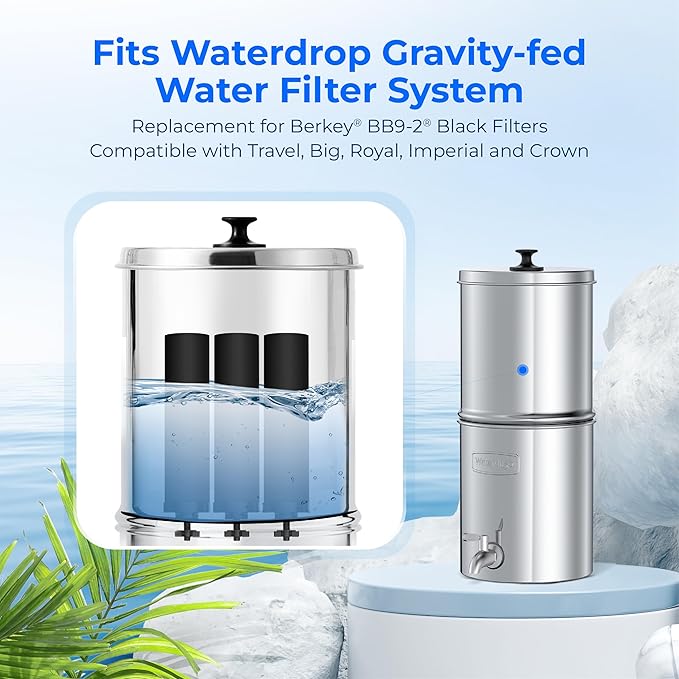 Waterdrop NSF/ANSI 42&372 Certified Water Filter, Replacement for Berkey® BB9-2® Black Filters, Berkey® Gravity Water Filter System and Waterdrop King Tank Series, (Pack of 3)