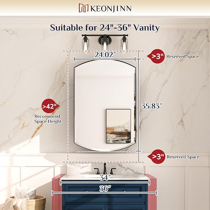 Keonjinn 24” x 36” Medicine Cabinet Mirror, Surface Mount or Recessed Medicine Cabinet with Beveled Mirror, Modern Bathroom Mirror with Storage, Black Metal Framed Wall Mirror Cabinet