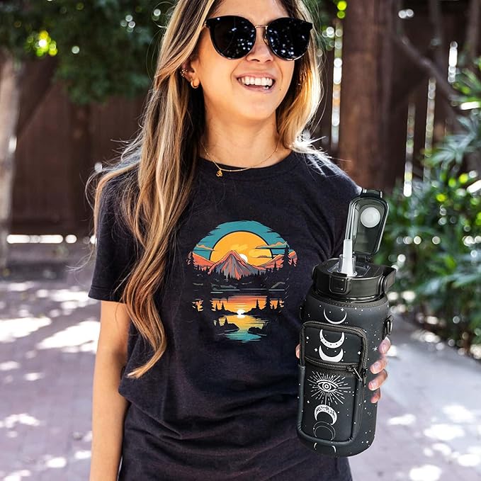 Goth Moon Half Gallon Water Bottle with Sleeve, 64 Oz Water Bottle with Measurements Marked, Leakproof-Free Drinking Water Bottle, Sports Water Bottle BPA Free Half Gallon Water Jugs