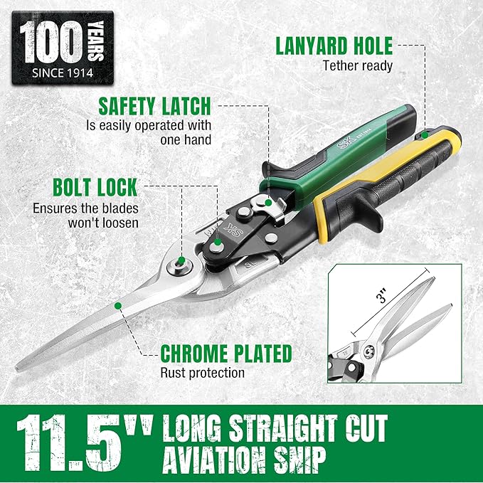 SK 11.5 Inch Aviation Tin Snips, Straight Cut, Cr-Mo Steel Blade, Anti-slip Handle and Safety Latch, for Cutting Sheet Metal