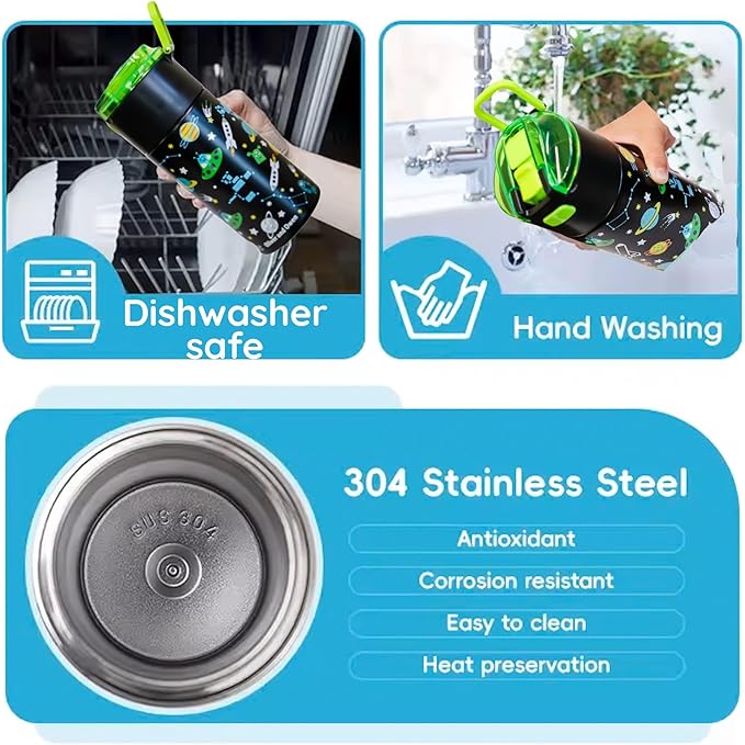 Kids insulated water bottle with straw and snack cup. Double wall stainless steel 14oz (teal and dark yellow dinosaur)