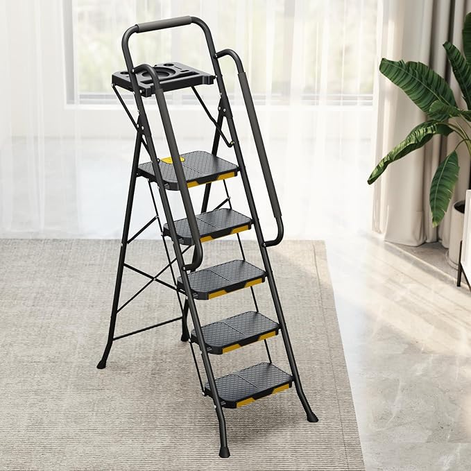 KINGRACK 5 Step Ladder with Tool Platform, Folding Step Stool with Handrails, Sturdy Steel Ladder with Wide Pedal, 800 LBS Portable Safety Ladder for Adults Painting Home Outdoor Garage