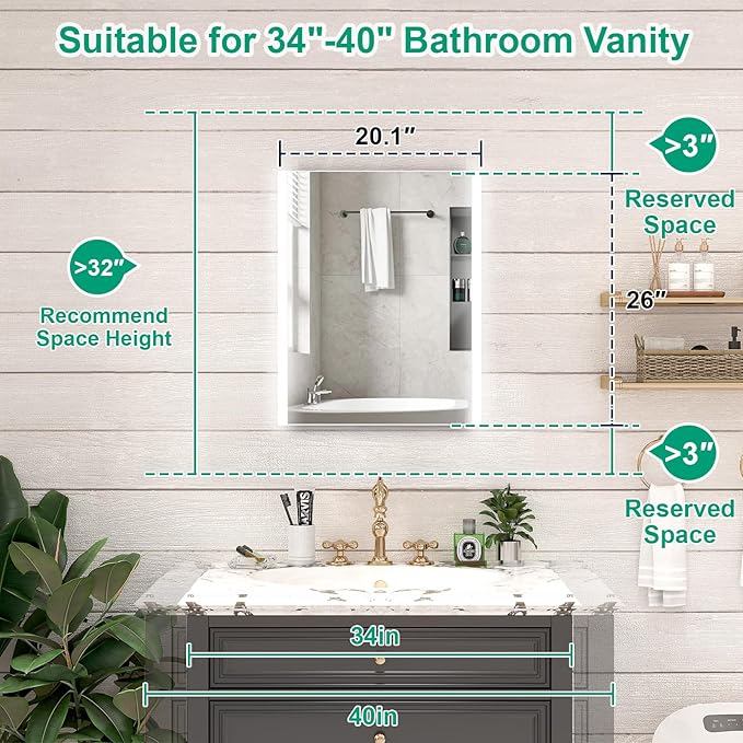 20x26 Inch Medicine Cabinet with LED Light Mirror, Brightneess Adjustable and Full-Assembled Bathroom Aluminum Cabinet with Storage, Surface or Recessed Tempered Cabinet, Farmhouse Sliver