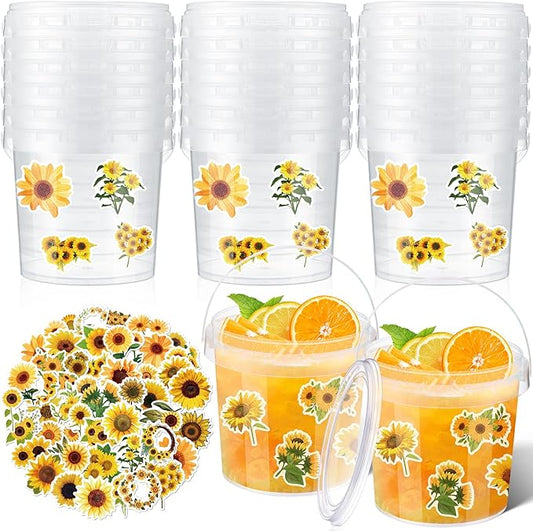 PerKoop 20 Pcs 32 oz Ice Cream Buckets with Lids and Handles Clear Cocktail Rum Buckets for Drinks with 200 Sunflower Stickers Plastic Transparent Tub Reusable Food Storage Containers for Parties