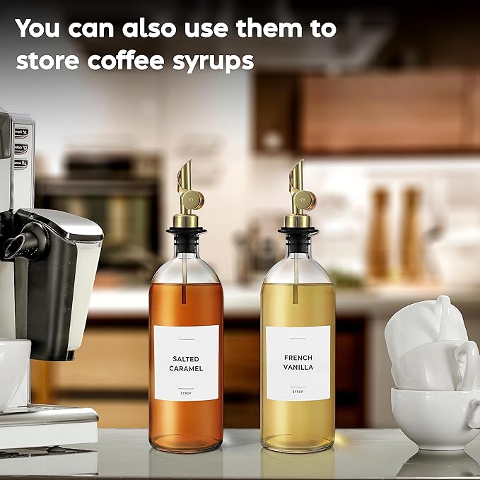 Olive Oil Dispenser Bottle - Includes 55 Kitchen Essential Labels - Cooking Oil Bottles for Kitchen, Coffee Syrup Dispenser - Pourer Spout with 16.9 fl oz Glass Container Cruet - 2pcs, Gold