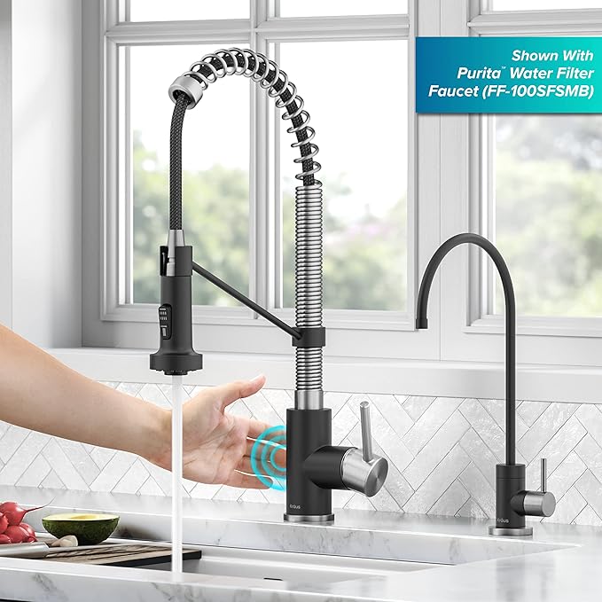 KRAUS Bolden Touchless Sensor Commercial Style 2-Function Single Handle Pull-Down Kitchen Faucet in Spot-Free Stainless Steel / Matte Black, KSF-1610SFSMB