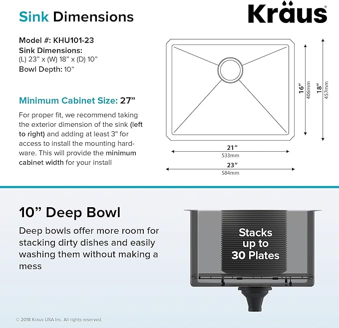 KRAUS Standart PRO™ 23-inch 16 Gauge Undermount Single Bowl Stainless Steel Kitchen Sink with WasteGuard™ Continuous Feed Garbage Disposal, KHU101-23-100-75MB