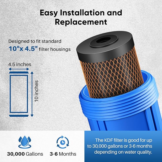 PUREPLUS 5 Micron 10" x 4.5" Whole House Coconut Shell Activated Carbon and KDF Water Filter, Heavy Metal Removal Replacement Water Filter, CTO10BB-KDF, 3 PACK