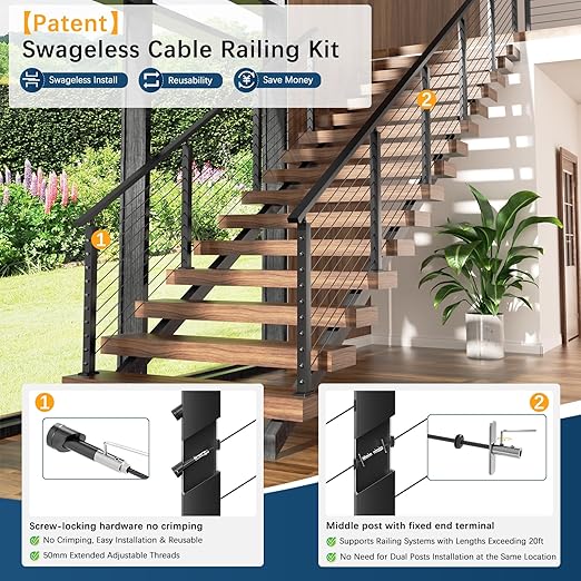 2 Pack Economical Stair Cable Railing Post Kits 36", Stainless Steel T304 Deck Stair Railing System with Swageless Tensioner, Upgraded Black Powder Coated Stairway Post Kits with DIY Length