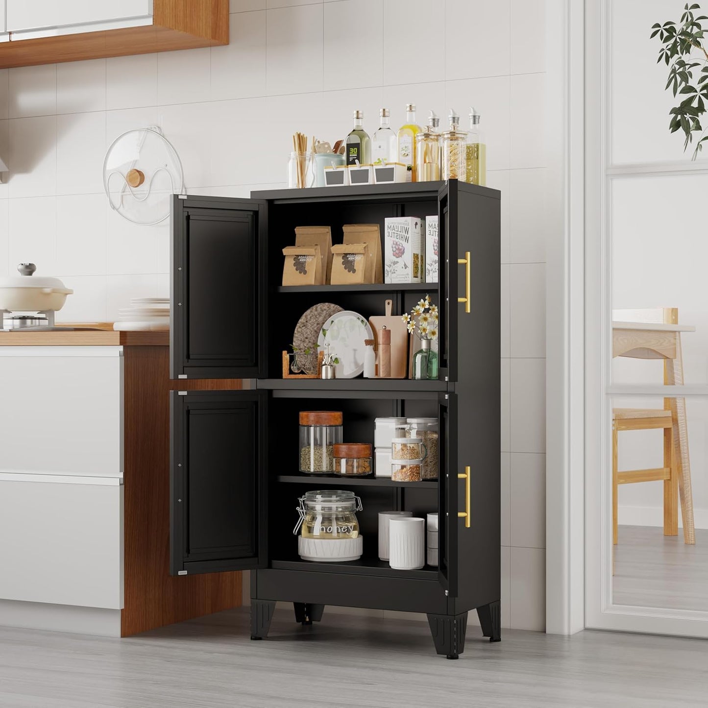 47.25" Metal Storage Cabinet, Black Kitchen Food Storage with 4 Door and 2 Adjustable Shelves, Freestanding Bathroom Cabinet, Pantry for Kitchen Dinning Room, Cupboard
