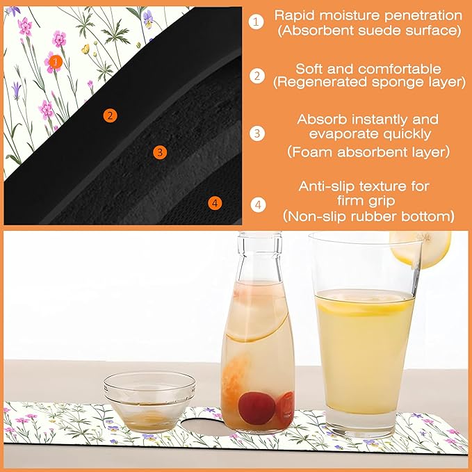 Kitchen Faucet Mat Meadow Flowers Kitchen Sink Splash Guard Faucet Mat,1 PC Splash Guard Behind Faucet Drip Catcher for Kitchen,Sink Mat,Dish Drying Mat,Bathroom Faucet Mat 23.5""X5.5""