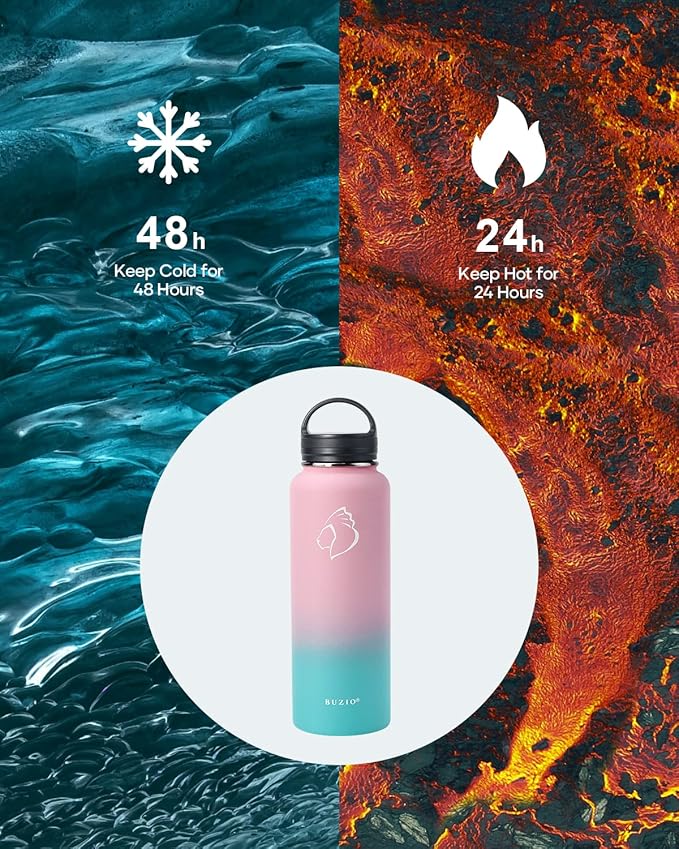 BUZIO Water Bottle with Straw lid, Spout Lid, Hand Lid and Carrying Pouch, 32oz 40oz 64oz Stainless Steel Water Flask Jug, Cold for 48 Hrs Hot for 24 Hrs Double Vacuum Thermo Canteen Mug, BPA-Free