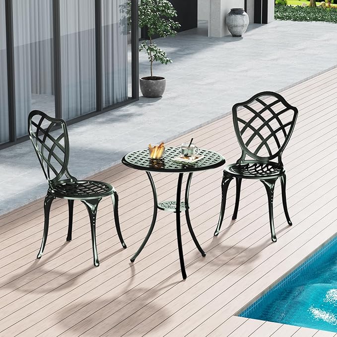 3 Piece Patio Bistro Set, Outdoor Bistro Table and Chairs Set of 2 w/Umbrella Hole, Rust-Resistant Cast Aluminum Bistro Set for Garden/Balcony/Backyard, Green