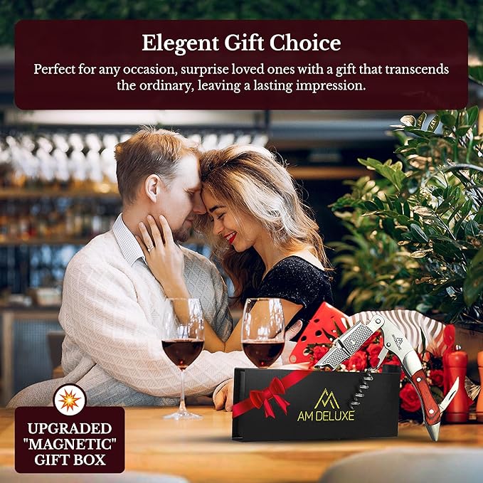 Premium AM DELUXE Waiter Corkscrew Wine Opener - Wine Key For Servers, Bartenders, Heavy Duty Stainless Steel & Pakka Wood Inlay, Serrated Foil Cutter, Cork Screw Wine Bottle Opener, Magnetic Gift Box