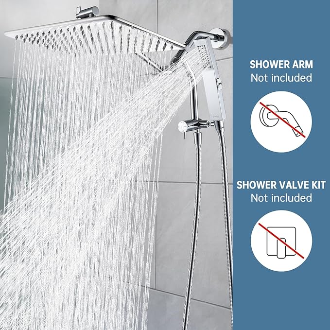 G-Promise All Metal 14 Inches Rain Shower Head with Handheld Built-in Power Wash Mode, 3-way Shower Diverter with Pause Setting, 11 Inches Adjustable Extension Arm, Long Hose (Chrome, 14 Inches)