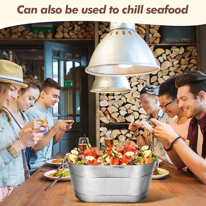 Nuogo 4 Pcs Stainless Steel Oval Ice Buckets for Parties 15 Qt/ 4 Gallon Galvanized Metal Drink Bucket with Handles Leak Resistant Beverage Tub Rustproof Wine Cooler Bucket Beverage Chiller(Silver)