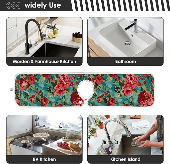 Kitchen Faucet Absorbent Mat, Rose Water Splash Guard for Sink, Faucet Drip Catcher Thicken Sponge Microfiber Faucet Water Catcher Mat Sink Absorbent Mat for Kitchen 23x5in 2Pack