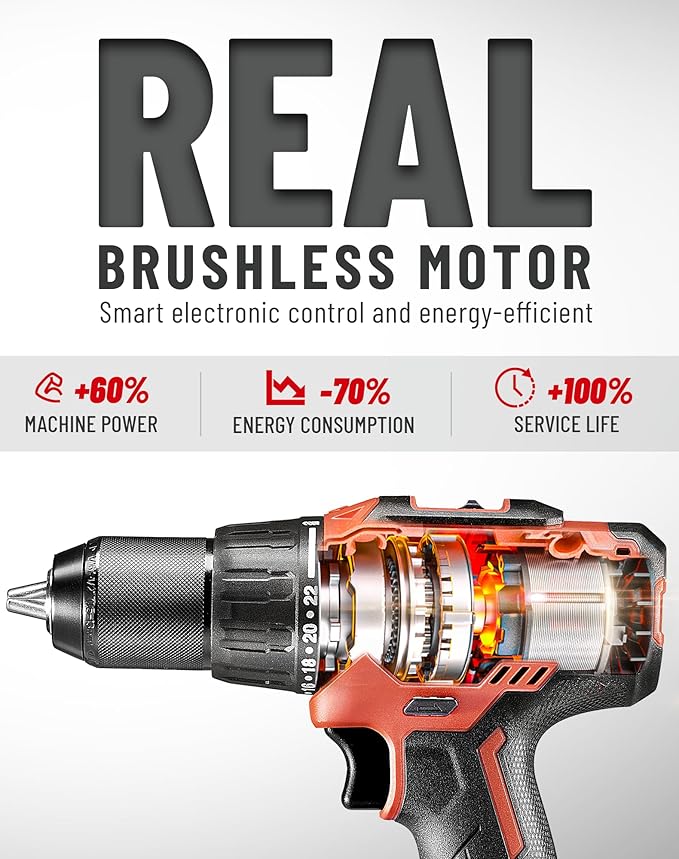 20V Brushless Hammer Drill, 531 in.lbs, 36000 BPM, 1/2" Keyless All-Metal Chuck, 4.0Ah Battery, 22+1+1 Clutch, Impact Drill Kit for Drilling Brick Wall, Metal, Wood, KDJZ05-13