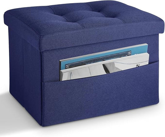 LINMAGCO Storage Ottoman Folding Foot Stool Foot Rest with Side Pocket Modern Ottoman with Storage Short Sofa Stool Linen Cloth 17x13x13(Navy)