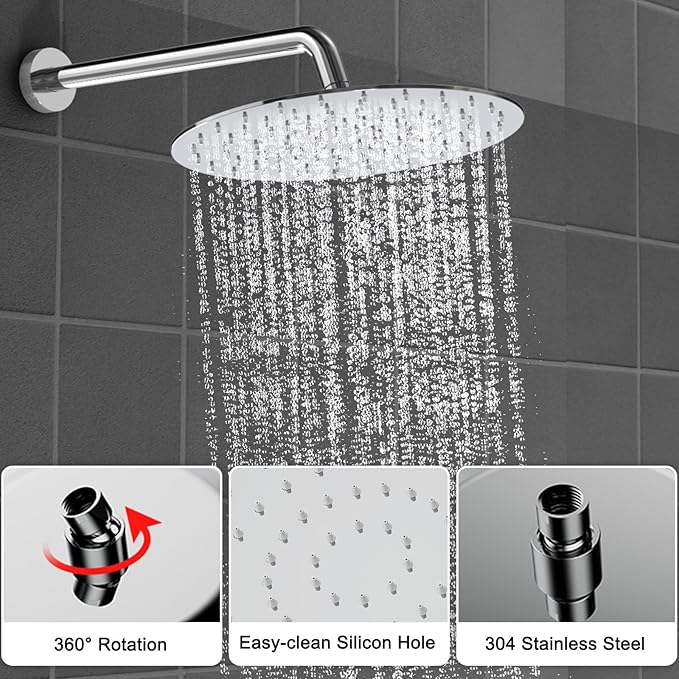 Shower Faucet Set 12IN Brass Rough-In Valve Body Trim Kit Rainfall Included Handle Accessories Complete 2 Functions with Rain Head and Handheld Bathroom Systems (12'', Chrome Polished)