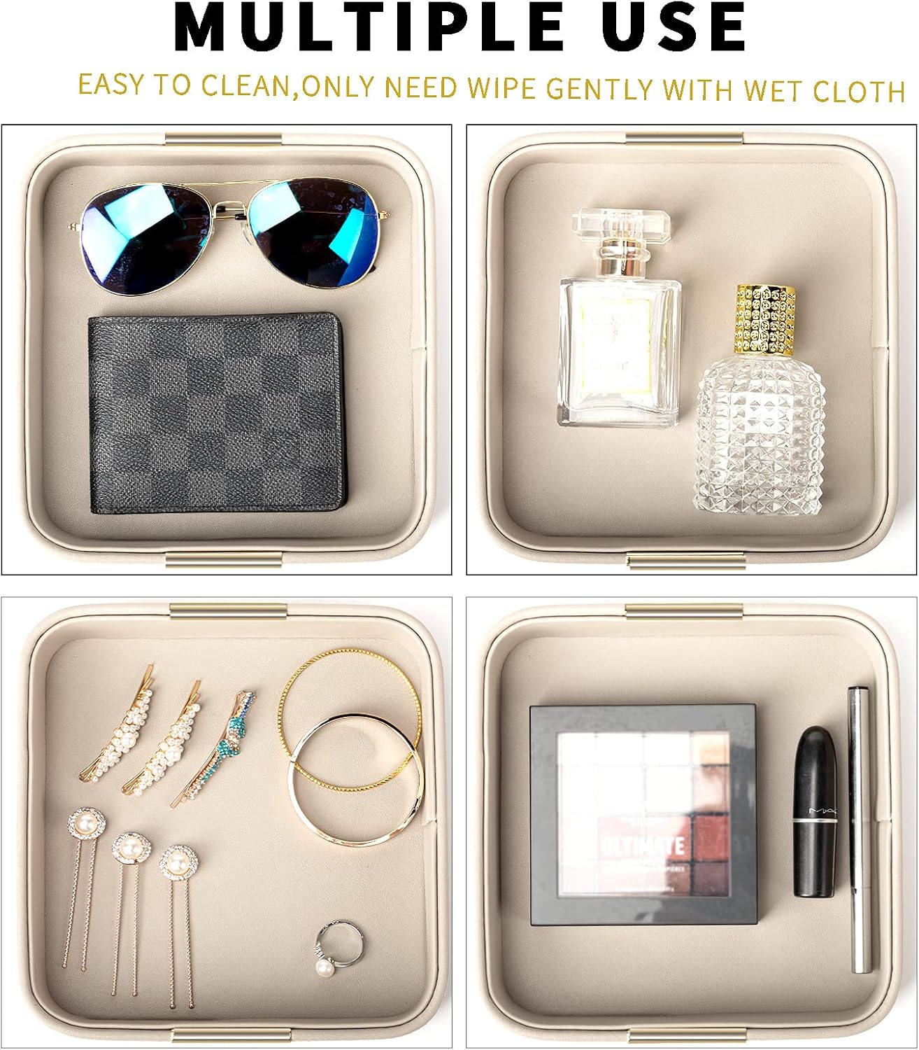 SANZIE Luxury Leather Desktop Storage Small Catchall Organizer Decorative Tray for Entryway Table to Hold Jewelry Watch Cosmetics Keys Phone Wallet, Home & Office Accessories (Metal Glided, Grey)