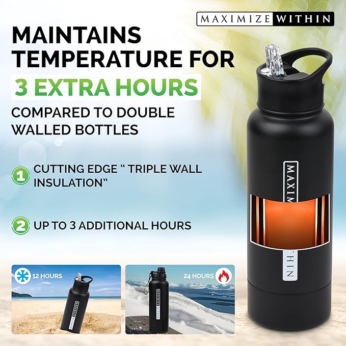 Double Wall Stainless Steel Water bottle with Dual lids (Straw & Spout) Hidden Compartment, Vacuum Insulated, Reusable. Black. 32 oz