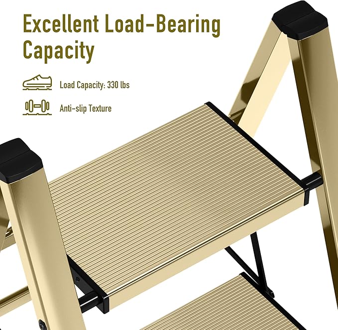 4 Step Ladder,Aluminum Folding Step Ladder for Adults,Step Ladder with Wide Anti-Slip Pedal,330 lbs Capacity for Home,Office,Kitchen,Library(Gold)