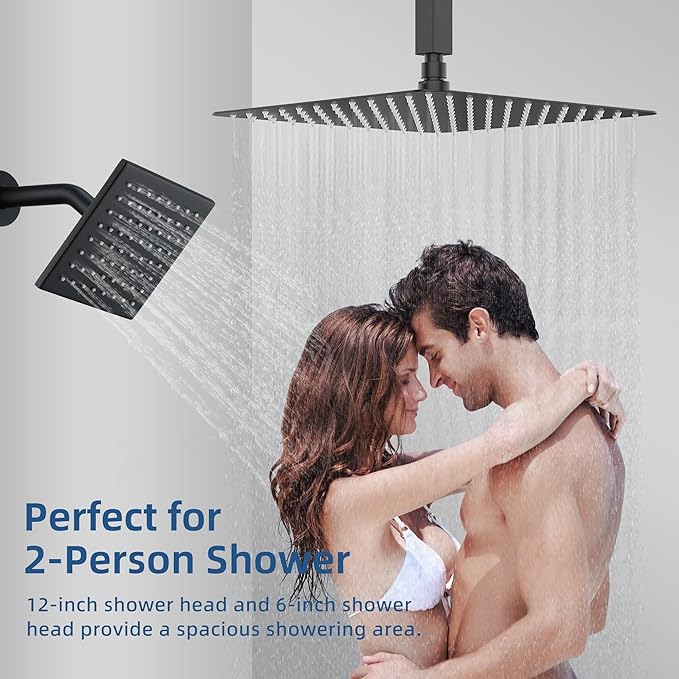 Thermostatic Dual Shower Heads System with Ceiling 12-Inch Rainfall Shower & Wall Mount 6-Inch High Pressure Shower Head, Matte Black Full Body Shower Faucet Set with Handheld Sprayer