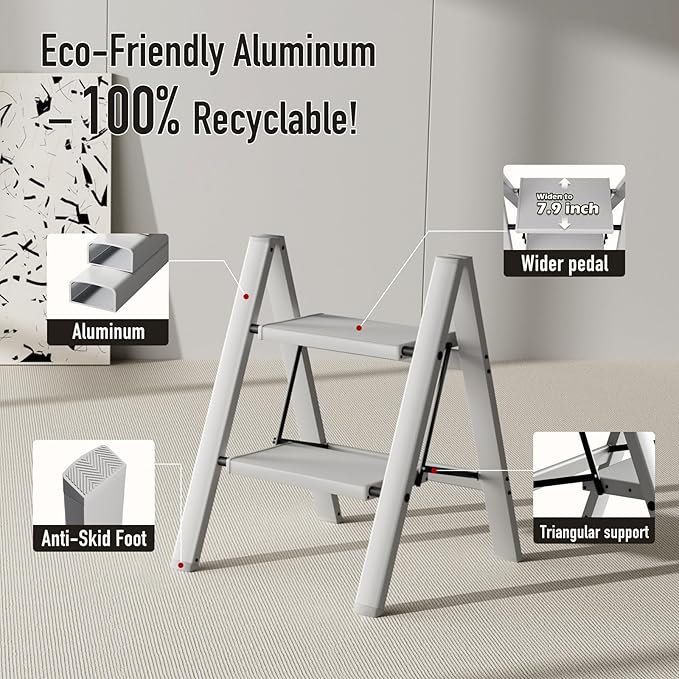 2 Step Ladder,Aluminum Folding Step Stool for Adults,Step Ladder with Wide Anti-Slip Pedal,330 lbs Capacity for Home,Office,Kitchen,Library(Grey)