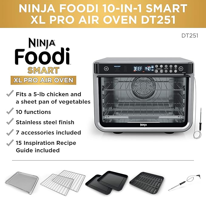 Ninja DT251 Foodi 10-in-1 Smart XL Air Fry Oven, Bake, Broil, Toast, Roast, Digital Toaster, Thermometer, True Surround Convection up to 450°F, includes 6 trays & Recipe Guide, Silver