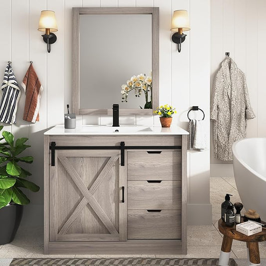 36 Inch Bathroom Vanity with Sink & Faucet & Mirror, Farmhouse Bathroom Vanity Cabinet Set with Sliding Barn Door & Drawers, Small Single Bath Storage Vanity Sink, Grey