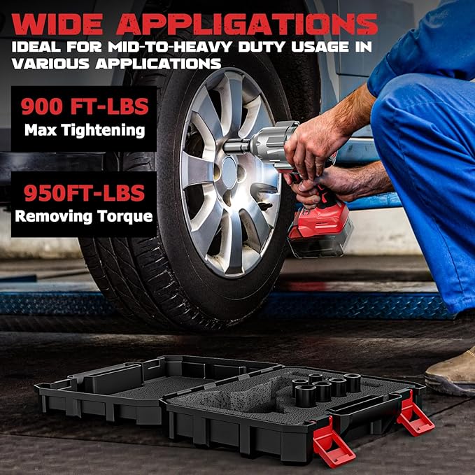 Cordless Impact Wrench 900FT-LBS for Mil-wau-kee 18V Battery - with 6 Sockets and Durable Toolbox Brushless Electric 1/2 inch Impact Gun Includes LED Work Light - 2100RPM High Torque Driver