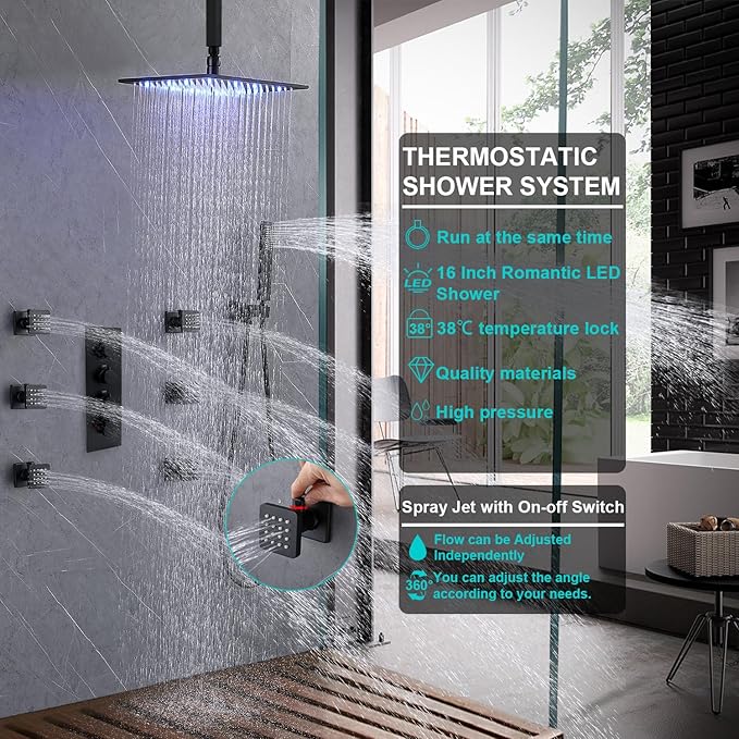 Full Body Rain Shower System - 16inch Matte Black LED Rain Shower Thermostatic Faucet Set - Spray Jet with On-off Switch, Can Run Together