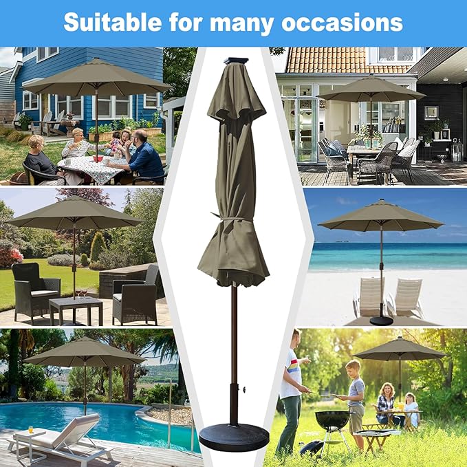 Eurmax USA 10-Year-Non-Fading 10Ft Solar Market Umbrella Outdoor Patio Umbrella Table Umbrella with LED Lights,8 Ribs,Hand Crank and Ventilation (Taupe)