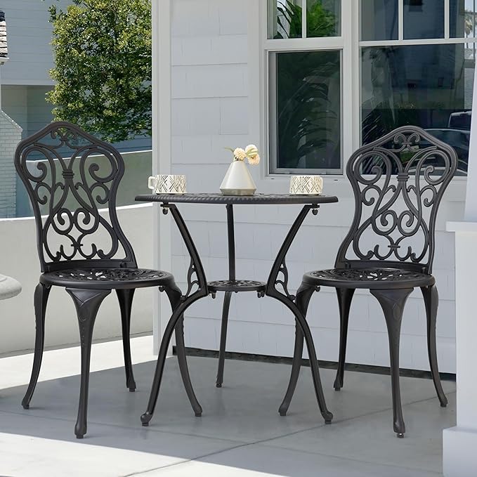 NUU GARDEN 3 Pieces Patio Bistro Set, Round Table with Umbrella Hole, Outdoor Bistro Set with 2 Chairs, All-Weather Outdoor Patio Bistro Set for Garden, Lawn, Poolside, Porch, Black
