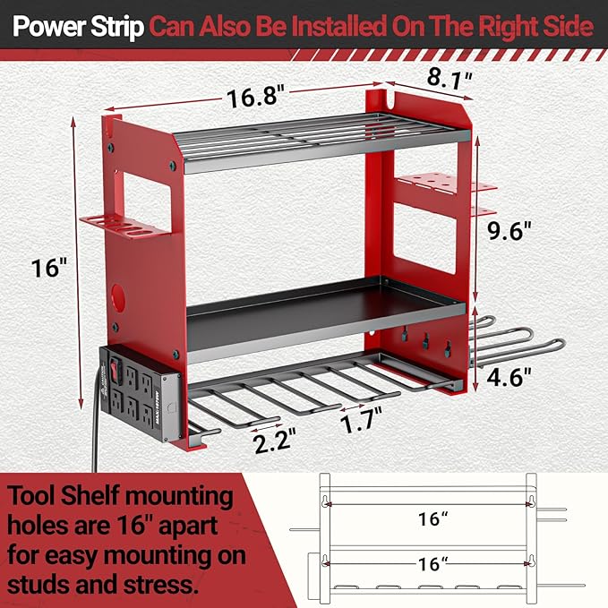 YYR Power Tool Organizer Wall Mount with Charging Station, Cordless Tools Hanger and Battery Storage Rack for Garage Organization, Heavy Duty Drill Holder Shelf Build in Metal Power Strip - Red