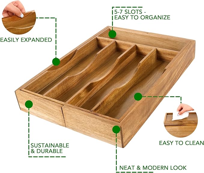 Expandable Acacia Kitchen Drawer Organizer for Cutlery and Utensils, Adjustable Acacia Wood Cutlery Tray in Drawer for Flatware and Silverware in Kitchen