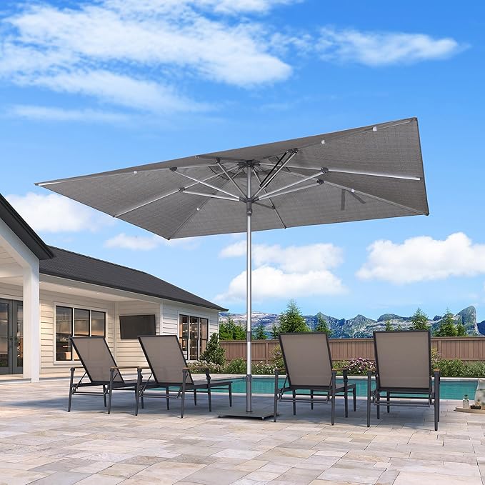 PURPLE LEAF 9 X 12 FT Semi-Auto Outdoor Patio Umbrella Market Table Sun Umbrellas with 8 Aluminum Sturdy Ribs for Backyard Deck Garden Pool (Silver Pole Gray Canopy)