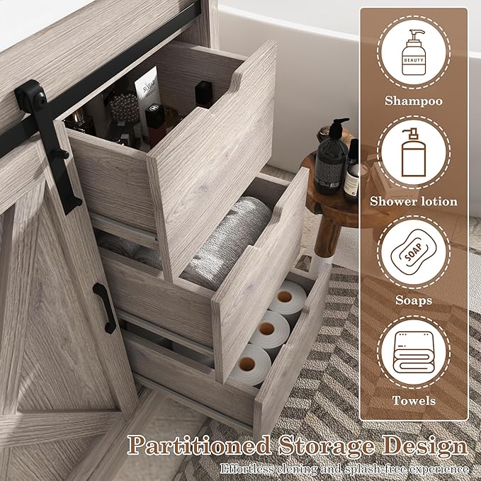 36 Inch Bathroom Vanity with Sink & Faucet & Mirror, Farmhouse Bathroom Vanity Cabinet Set with Sliding Barn Door & Drawers, Small Single Bath Storage Vanity Sink, Grey