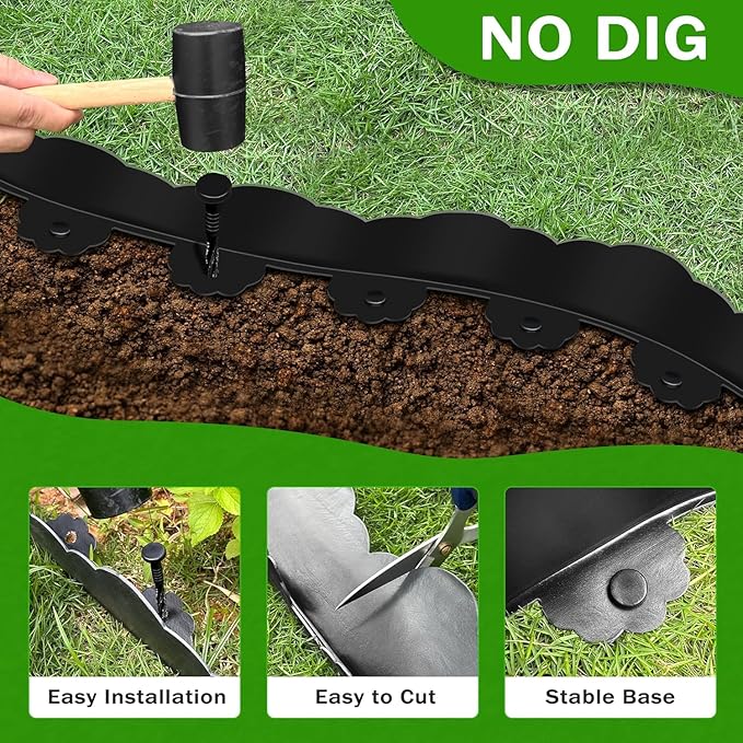 Landscape Edging Border 2.8 in Tall 100FT No Dig Garden Edging Borders with 150pcs Spikes Plastic Lawn Edging for Yard, Pathway and Flower Beds Fence, Black