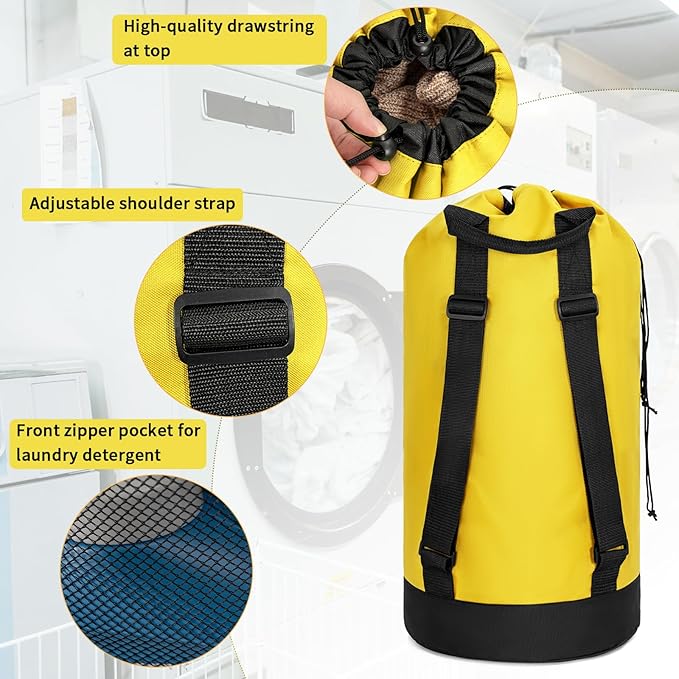 Laundry Bag Backpack with Shoulder Straps and Mesh Pocket Foldable Laundry Hamper for College, Apartment, Laundromat (Yellow)