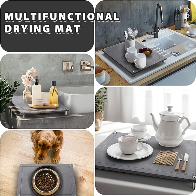 Stone Drying Mat for Kitchen Counter，IPOW Diatomaceous Dish Drying Mats Superb Absorbent，Heat-ResistantFast Drying Stone Mat Kitchen with Non-Slip Stainless Steel Feet（Gray）