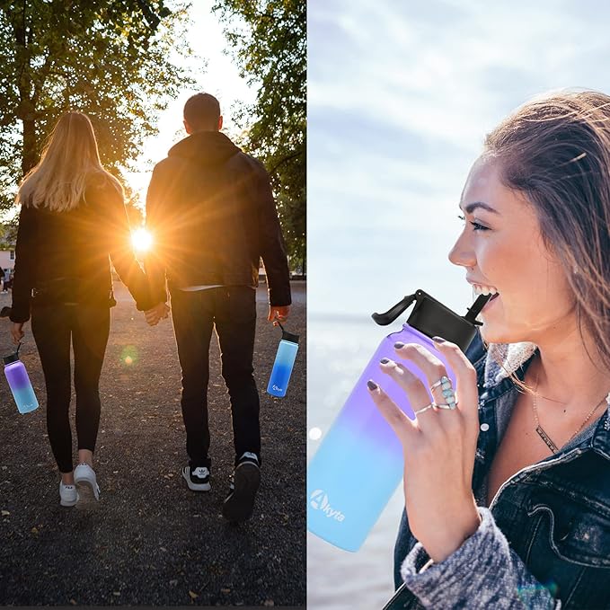 32 OZ Water Bottle, Sports Water Bottle with Straw Lid, Vacuum-Insulated Stainless-Steel, Keep Water Cold/Hot, Double-walled Metal Thermos Water Bottles (32 OZ, Purple Blue)