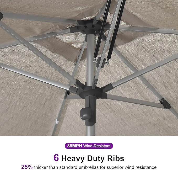 PURPLE LEAF 6 X 10 FT Semi-Auto Outdoor Patio Umbrella with Base Market Table Sun Umbrellas with 6 Aluminum Sturdy Ribs for Backyard Deck Garden Pool (Silver Pole Beige Canopy)