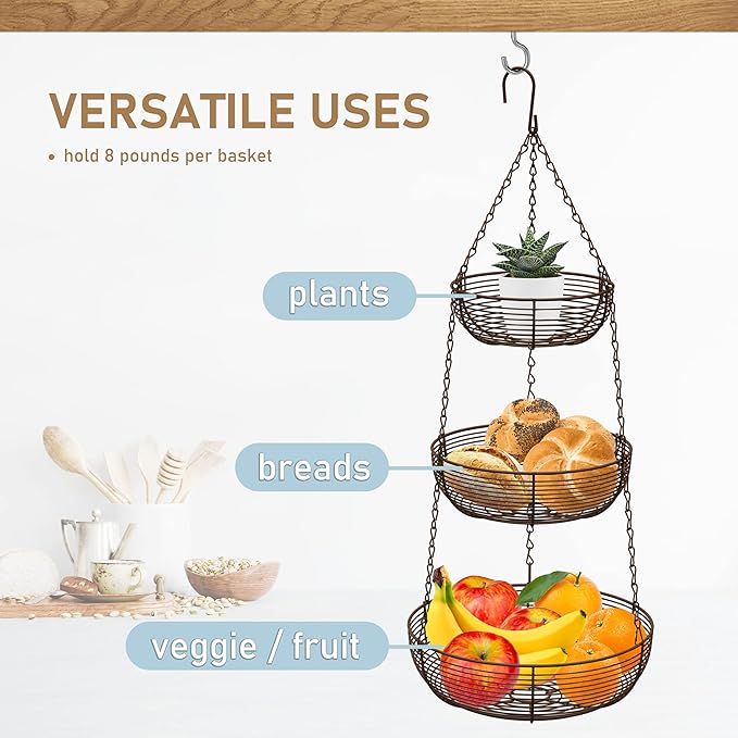 CAXXA 3-Tier Hanging Basket Fruit Organizer Kitchen Heavy Duty Wire Organizer with 2 Free Bonus Metal Ceiling Hooks(Bronze)