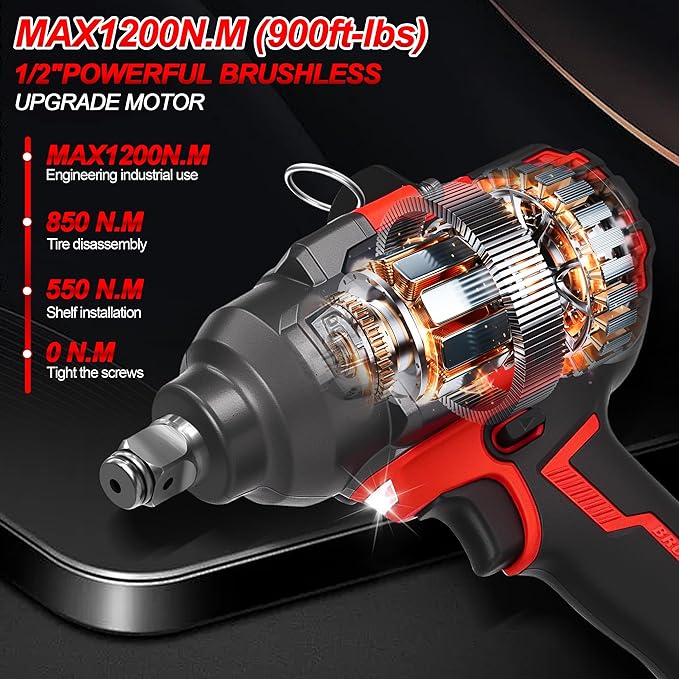 900ft-lbs Impact Wrench 1/2 Cordless Impact Gun, 21V High Torque Impact Driver, Auto-stop, LED Light, 6 Sockets, 2x 4.0Ah Battery& Fast Charger, Electric Impact Wrench for Car/Truck/Mower