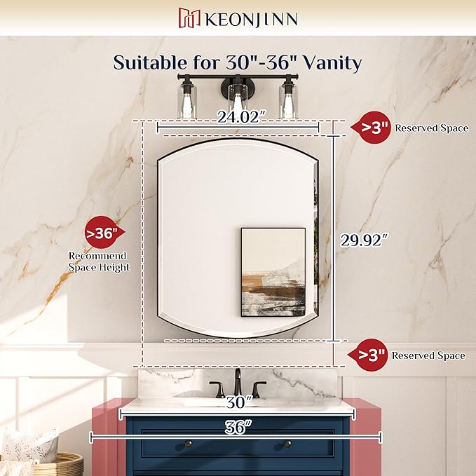 Keonjinn Black Medicine Cabinet with Mirror 24” x 30”, Metal Framed Wall Cabinet with Beveled Mirror, Surface Mount or Recessed Medicine Cabinet for Bathroom, Bathroom Mirror with Storage