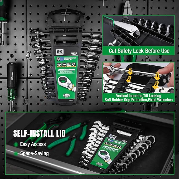 SK Reversible Ratcheting Wrench Set, Combination Wrench Set, 12-Piece, Metric 8-19 mm, 72-Tooth, Premium CR-V Construction, with Rack Organizer